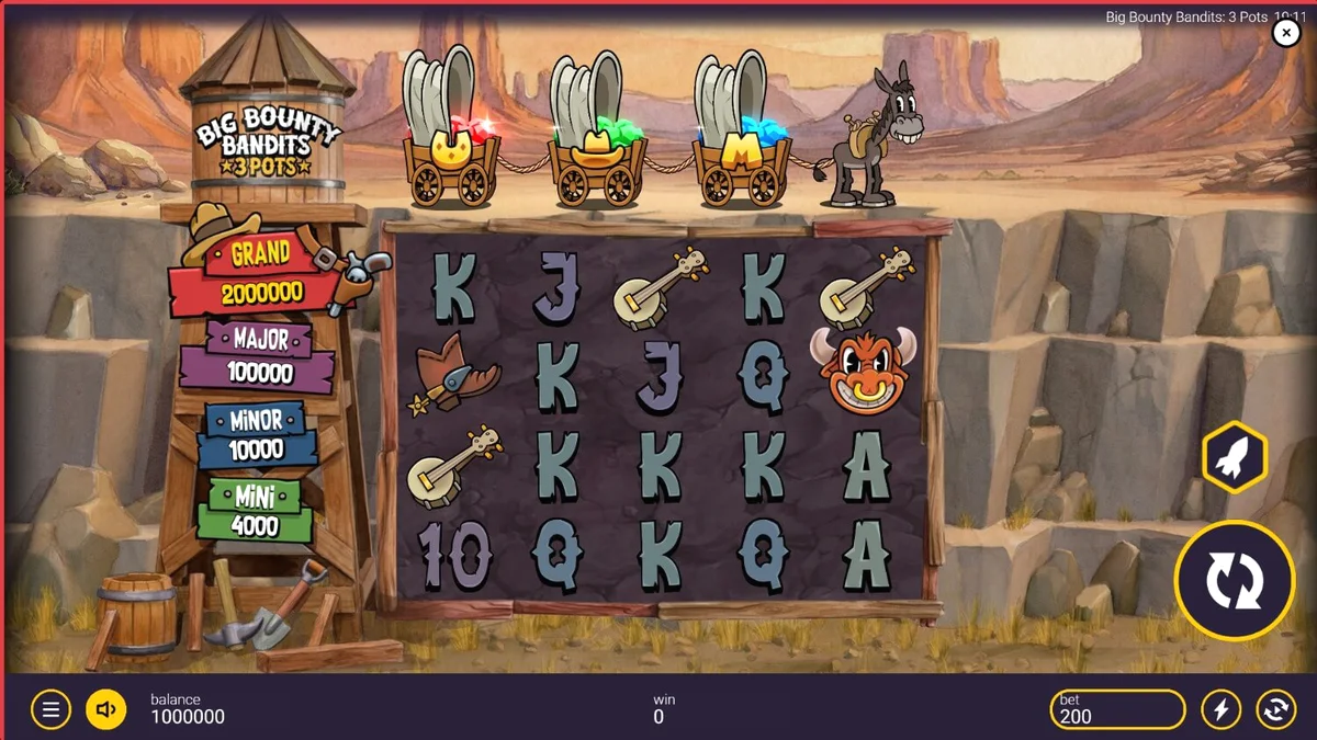 Big Bounty Bandits: 3 Pots slot game screen featuring cartoon outlaws and Wild West desert theme