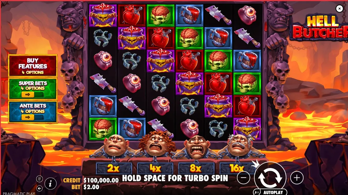 Hell Butcher slot game interface na nagpapakita ng madilim na tema at mga simbolo ng horror.